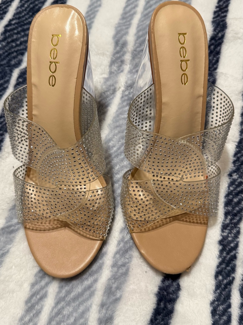 bebe Clear Crystal-Embellished Slide Sandals in Nude